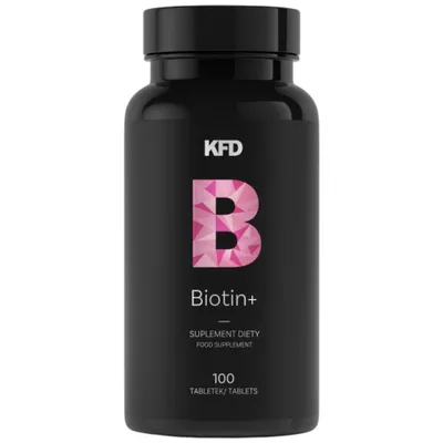 A black bottle of KFD Nutrition Biotin+ supplement.