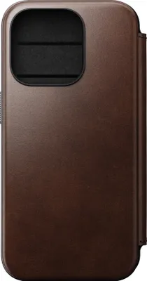 Image de Nomad Modern Horween cuir folio iPhone 15 Pro – Développe une patine robuste avec le temps – Fermoir magnétique amovible – Compatible avec le chargement MagSafe et sans fil - Marron