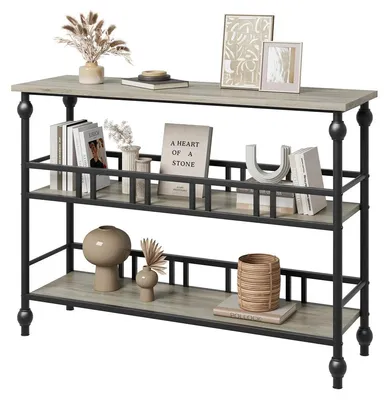 Zdjęcie produktu dla Wąski stolik konsolowy - stolik pomocniczy z 3 półkami - stolik do przedpokoju, kanapy i salonu - drewno z metalową konstrukcją - 110x30x80 cm - szary