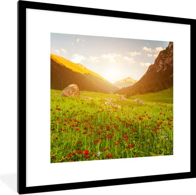 Produktbild von MuchoWow® Gerahmtes Poster Blumen - Berg - Sonne 40x40 cm - Poster mit Schwarzem Bilderrahmen Wandposter Rahmen Foto Bilder - Poster - Plakat im Rahmen
