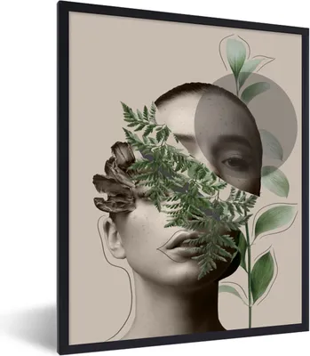 Produktbild von MuchoWow® Gerahmtes Poster Frau - Pflanzen - Abstrakt - Grün 60x80 cm - Poster mit Schwarzem Bilderrahmen Wandposter Rahmen Foto Bilder - Premium - Wanddeko Wohnzimmer