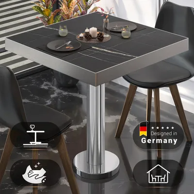 Produktbild von BML | Bistro Tisch | 60 x 60 x 77 cm | Quadratisch | Edelstahl Rand | Schwarz Marmor / Edelstahl | Bistrotisch Gastro Tisch