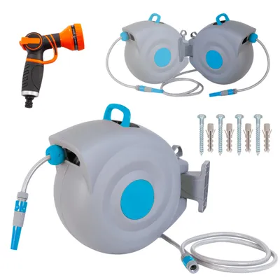 Produktbild von GIHAUVIA Schlauchtrommel mit 30 m Wasserschlauch und Multifunktionsbrause Wand Schlauchbox mit Aufroll Automatik Blau
