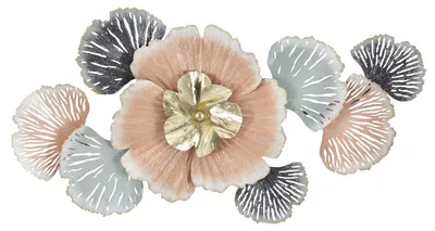 Image de Panneau décoratif mural Soty à fleurs en fer rose, gris et or 93x53 cm