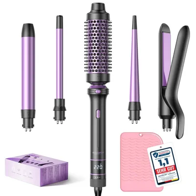 Obrázok produktu pre Sada 5 v 1: kulmovacia sada s žehličkou, termoburcou a 3 keramickými kulmami (9 mm, 25 mm – pre výrazné kučery). 13 teplotných nastavení. Fialová farba