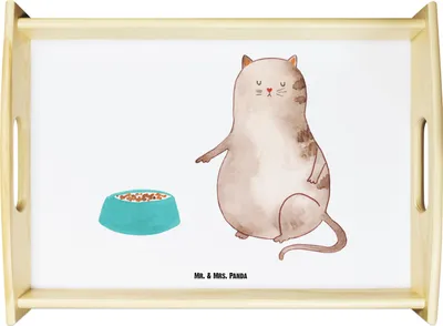 Produktbild von Mr. & Mrs. Panda Serviertablett Katze Fressen - Weiß - Geschenk, Deko Tablett, holz, Holztablett, Sofa