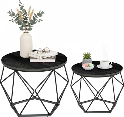 Produktbild von Relaxdays Couchtisch, 2er Set, Holzoptik & Metall, Vintage-Design, runde Beistelltische, Wohn- & Schlafzimmer, schwarz