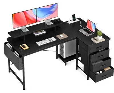 Produktbild von Claiks Eckschreibtisch mit 4 Schubladen, L-förmig, umkehrbar, mit USB-Ladeanschluss und Steckdose, L-förmiger Schreibtisch