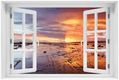 Produktbild von Wallario Premium Glasbild mit Fensterrahmen, freischwebende Optik, kräftige Farben, Größe 60 x 90 cm Motiv Wattwanderung am Meer bei Sonnenuntergang