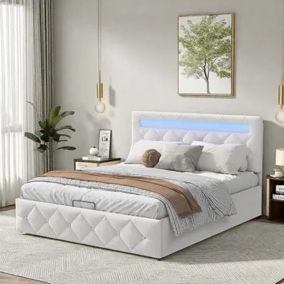 Immagine prodotto di Letto a cassettone 140x200cm in velluto albicocca con LED multicolore, testata regolabile, presa EU e contenitore idraulico