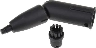 A set of black steam cleaning accessories, including a lance and a brush head, against a white background.