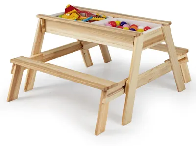 Immagine prodotto di Set da gioco 2 in 1 per bambini - Tavolo da picnic da esterno - In legno - Coperchio rimovibile - 2 sabbiere - Tavolo per giochi con sabbia e acqua - Tavolo per giochi con fango