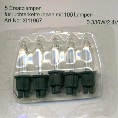 A package of five replacement light bulbs for a string of 100 indoor lights.