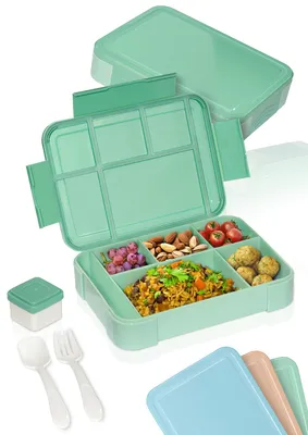 Produktbild von Deine Schulhelden Bento Box - Brotdose für Erwachsene und Kinder - Bruchfeste, Auslaufsichere Lunchbox mit Besteck & Becher - BPA frei, grün