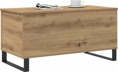 A wooden coffee table with black legs is shown against a white background.
