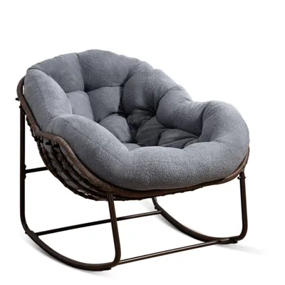 Immagine prodotto di Poltrona a dondolo di grandi dimensioni, con rivestimento in rattan di plastica, cuscino in velluto spesso 15 cm, comoda poltrona relax, forma elegante a conchiglia, design moderno
