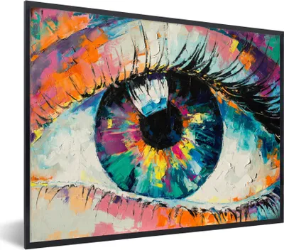 Produktbild von MuchoWow® Gerahmtes Poster Malerei - Ölfarbe - Auge - Farben 80x60 cm - Poster mit Schwarzem Bilderrahmen Wandposter Rahmen Foto Bilder - Schwarzem - Mit Gestell