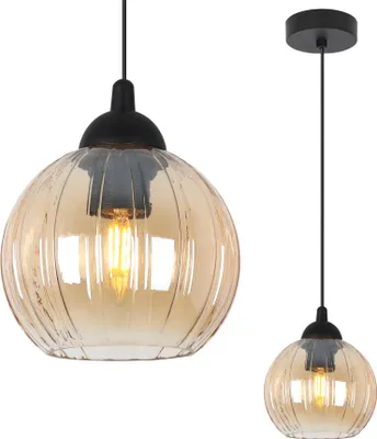 Imagen del producto de Lámpara colgante Costa, color negro – Lámpara esférica con pantalla de vidrio ámbar, 1 bombilla, casquillo E27