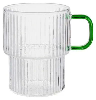 Produktbild von Geriffeltes Latte-Glas mit grünem Henkel, 300 ml – Transparent