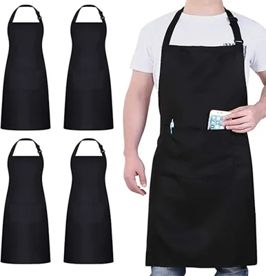 Produktbild von Balení 4 ks kuchařské zástěry, černá zástěra pro muže, ženy, voděodolná zástěra se 2 kapsami, zástěra s nastavitelným popruhem na krk do kuchyně vaření pečení pečení zahradní grilování