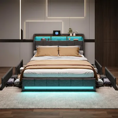 Image de INONEFT Lit coffre capitonné 140x200 cm avec fonction de charge USB, lit pour adolescents/lit double avec sommier à lattes et 4 tiroirs, lit avec rangement, éclairage LED, tissu lin, couleur gris