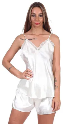 Produktbild von Damen Satin Nachtwäsche Pyjama Set Shorty mit Spitze; Gelb/L