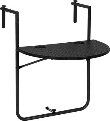 Produktbild von WOLTU Balkonhängetisch, Balkontisch zum Hängen, Hängetisch klappbar Beistelltisch Gartentisch, Klapptisch mit 3 Höhen, 2 Tassenhalterungen, in Rattan-Optik, 59,5x39 cm Schwarz