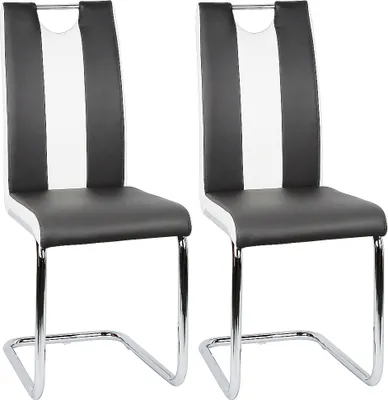 Two black and white dining chairs with chrome legs are shown against a white background.