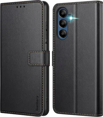 Produktbild von Samsung Galaxy A15 5G Schwarz Leder Klapphülle mit Kartenschlitzen und Standfunktion