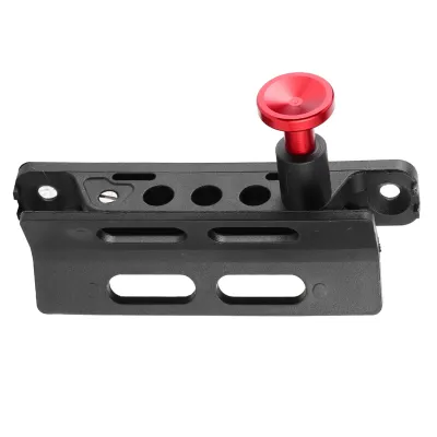 A black metal bracket with a red knob on a white background.