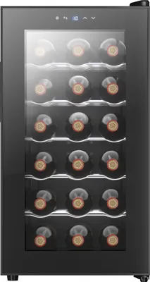 A wine cooler with multiple shelves filled with wine bottles, displayed inside a modern appliance.