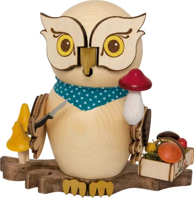 Produktbild von Drechslerei Kuhnert Räucherfiguren - Pilzsammler Eule aus Holz - ca. 15 cm - 37238