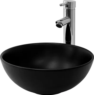 A black ceramic basin with a chrome faucet against a white background.
