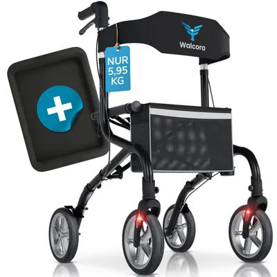 Produktbild von Rollator Faltbar und Leicht mit Sitz - MIT TABLETT - Gehhilfe für Senioren - Rollator Schmal für die Wohnung - Indoor & Outdoor - Klappbar Stockhalter