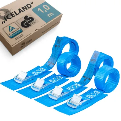Produktbild von valonic Iceland - 4X 1m Kurze Spanngurte mit Pad, Blaue Fahne, 25mm, 250kg, Rheinl. / GS  EN-12195-2 - Spanngurt mit Klemmschloss für Fahrradträger, Fahrrad, Kajak, kurz, blau