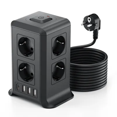 Productafbeelding van 8 AC-stopcontacten en 4 USB-stekkers, Stekkerdoos met Overspanningsbeveiliging, Zwart
