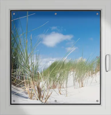 Produktbild von Wallario Lichtschutzbild, Dekorativer Sichtschutz Sonnenschutz 96 x 93 cm mit Motiv: Düne am Strand unter blauem Himmel - Verdunklung ohne Bohren