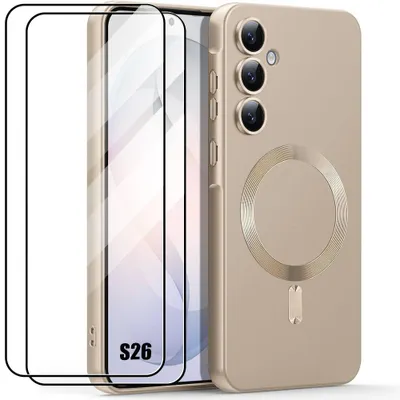 Image de Coque + 2 Verres Trempés pour Samsung Galaxy S26, Silicone Anti-Rayures Antichoc avec Cercle Magnétique - Doré