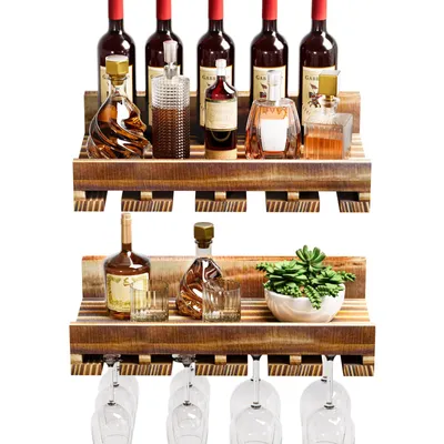 Two wooden wine racks mounted on a white background, displaying wine bottles, decanters, glasses, and a small succulent plant.