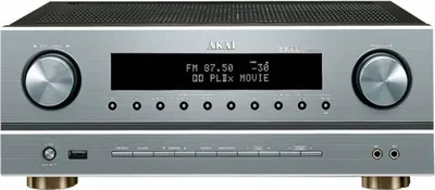 Front view of a silver Akai AV receiver.
