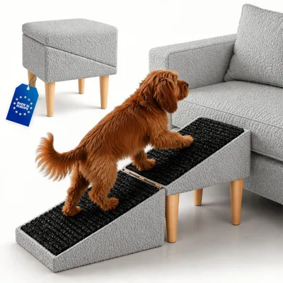 Produktbild von Outentin Klappbare Hundetreppe & Hunderampe für Sofa und Bett, rutschfest, stabil, 36 cm, Bouclé Hellgrau