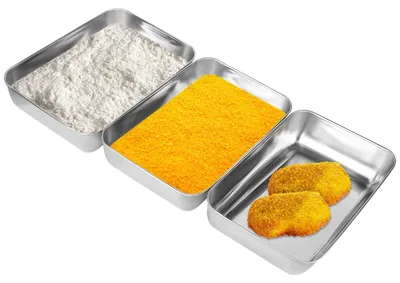 Produktbild von 3-teiliges Panier-Set aus Edelstahl, rechteckige Panierschale (25 x 20 x 5 cm), geeignet für Fleisch, Fisch und Gemüse