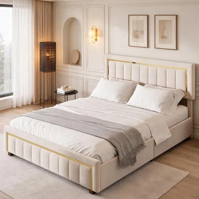 Productafbeelding van INONEFT gestoffeerd bed 140x200 cm met lattenbodem, hydraulisch boxspringbed met opbergruimte, bed met gouden rand, verstelbaar hoofdeinde, fluweel