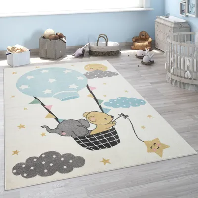 Image de Tapis pour enfants, poils courts, pour chambre d'enfants, éléphant, ours, ballon, lune, couleur beige, dimensions 120 x 160 cm