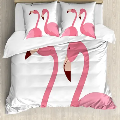 Produktbild von ABAKUHAUS Flamingo Bettbezug Set, Exotisches rosa Vögel Tiere Paar auf Plain Hintergrund Muster, 200 x 200 cm + 80 x 80 cm, Pastel Pink Dunkel Fuchsie