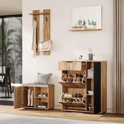 Zdjęcie produktu dla Komplet mebli Fortuna Lai do przedpokoju, wieszak ścienny; komplet mebli z szafką na buty i szafą na buty, 1 lustro, 1 szuflada, 2 haczyki, 4 drzwi, kolor naturalny i czarny, wymiary: 140 cm (szerokość) x 35 cm (głębokość) x 139 cm (wysokość)