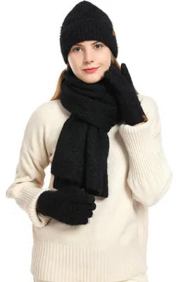 Produktbild von Wintermützen-Schal-Handschuh-Set Damen Strick 3-teilig Schwarz Einheitsgröße