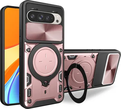 Produktbild von Handyhülle für Google Pixel 9 /Pixel 9 Pro Dual-Layer Stoßfest Rüstung Hülle mit Dia Kameraschutz und Kreisförmig Ring Ständer Roségold