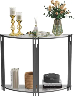 Produktbild von Livio Konsolentisch – Halbrund – Glänzendes Weißes Marmorblatt – Schwarzes Metallgestell – 100cm – Modernes Sideboard