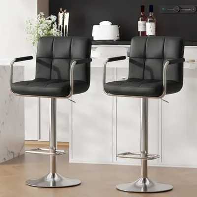 Immagine prodotto di Set di 2 sgabelli da bar, regolabili in altezza, in ecopelle, girevoli a 360°, con braccioli, schienale e poggiapiedi, colore nero